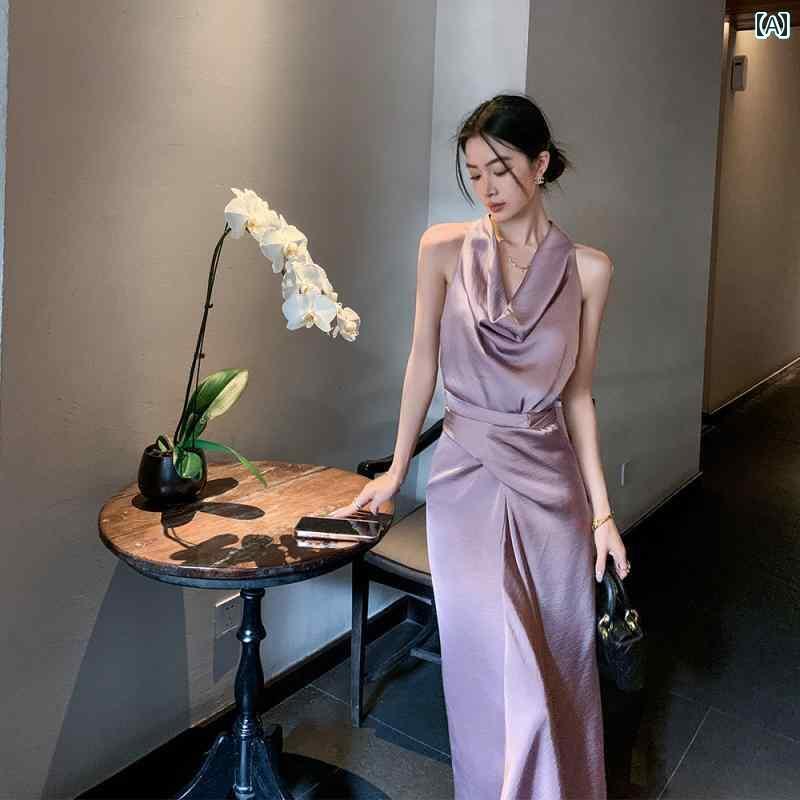 ワンピース ロングワンピース マキシ丈 ビン ゴミ スト ピンク サテン 不規則 フェイク ツーピース ホ..