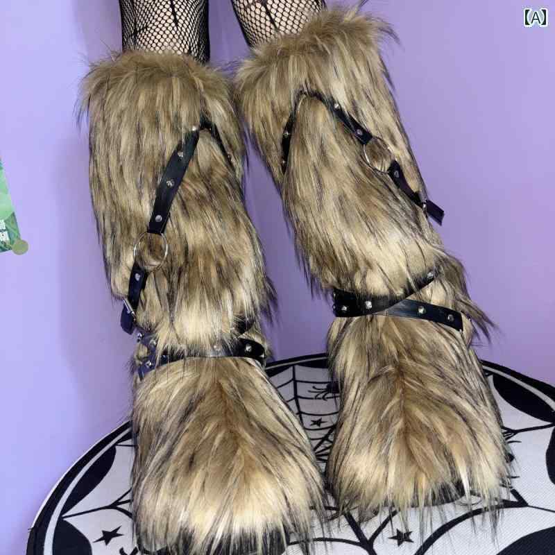 ソックス ギャル 靴下 1秒で ブーツに 変身 Y2K ホット ガール ヤ ビ イミテーション ファーと アメリカ パンク 暖かい ベルト 男女 グループ ハイ ソックス レッグカバー