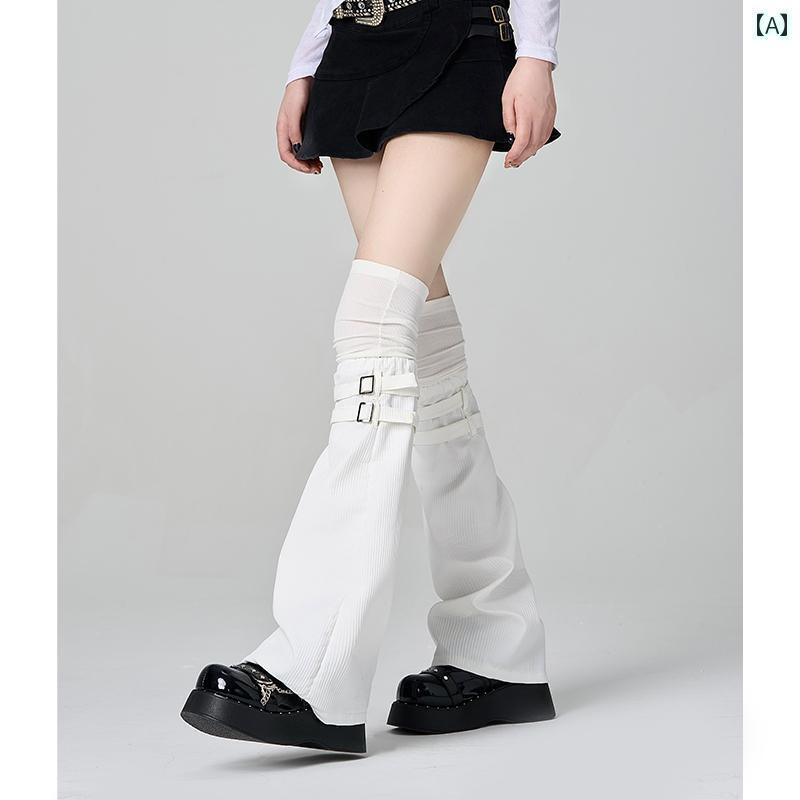 ソックス ワイドレッグウォーマー レディース スプライシング フェイク ツーピース レッグ セット 白黒 個性 オーバーニーソックス サブカルチャー レザー バックル パイル ワイド ソックス