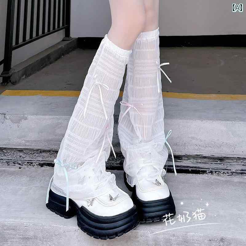 ソックス ワイドレッグウォーマー 靴下 夏用の 蝶 結びの パイルソックス 女性用 ホワイト レースの ワイド レッグ 日焼け防止 レッグカバー Y2K メッシュ カーフ ソックス