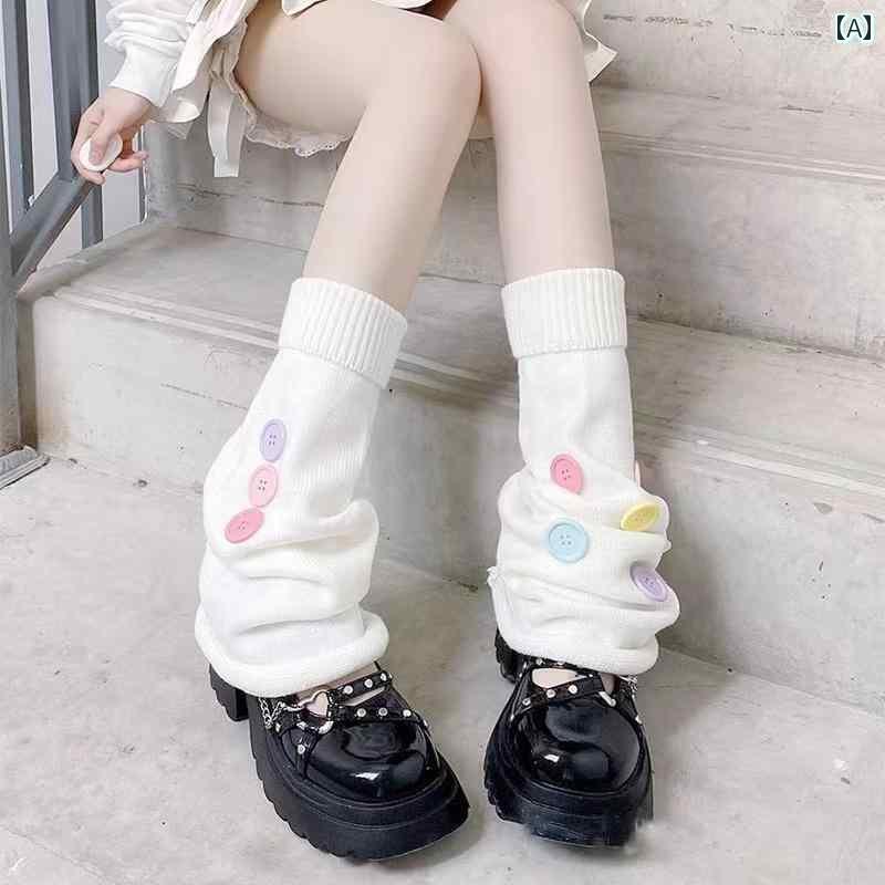 ソックス ワイドレッグウォーマー 靴下 マルチ カラー ボタン レッグカバー 和風 秋冬 パイルソックス JK ソックス レディース ミドル チューブ カーフ ドーパミン