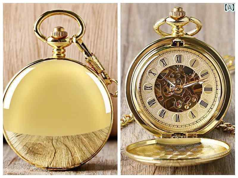 オシャレ シンプル 時計 刻印入り ダブル カバー ゴールド＆ シルバー レトロ マニュアル メカニカル ..