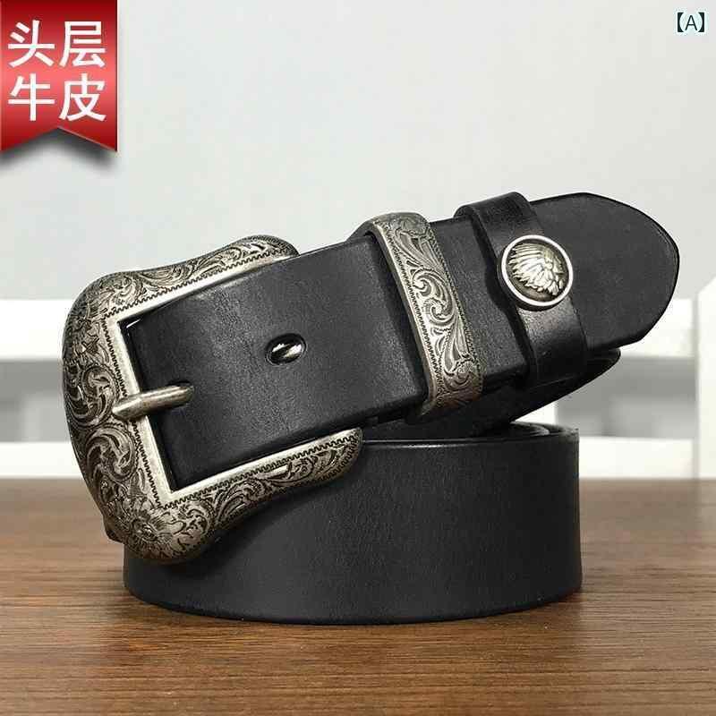 レザーベルト レザー オシャレ レトロ ベルト ピン バックル 唐草 彫刻 装飾 メンズ レディースの 革 厚手第一層 牛革 黒新 スタイル