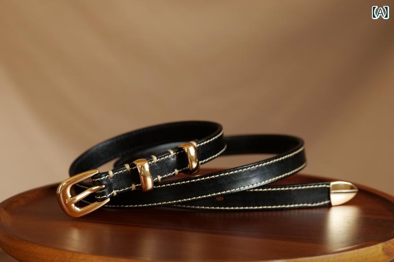 レザーベルト レザー オシャレ レトロで な 通勤用 トップレイヤー 牛革 ベルト 女性用 メタル ゴールドバックル スリム レザーパンツ