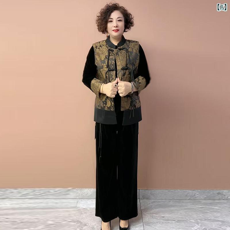 レディース トップス きれいめ 秋服 2025 春夏 中年 ママ チャイナ風 タッセル ジャカード ベスト ショ..