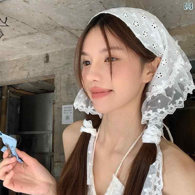 バンダナ おしゃれ ヘアバンド フランス製 レースの 白い ヘッド バンド 三角 スカーフ。 夏に 重ねて ..