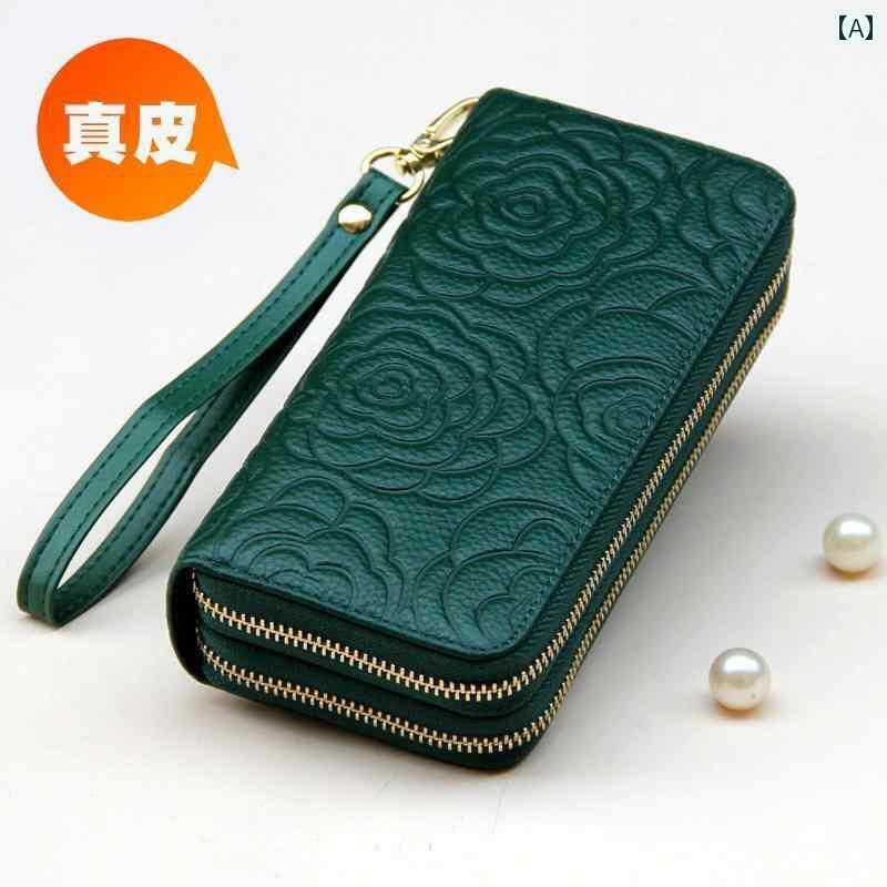 レザー財布 財布 コンパクト 革 レディース 財布 ロング 二 層 ジッパー クラッチ グリーン大容量な ソ..