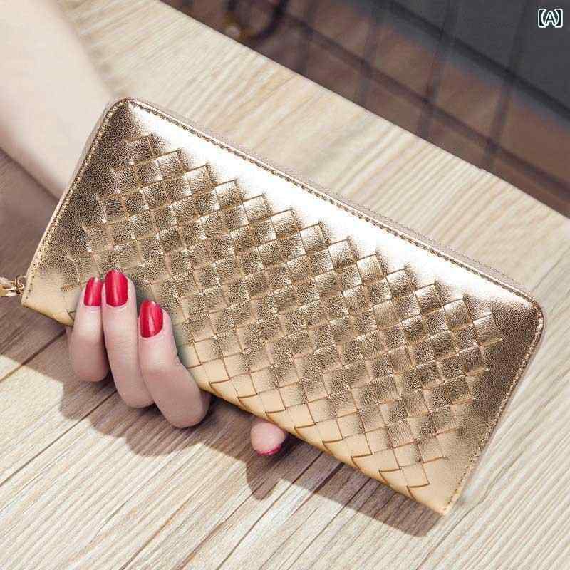 財布 長財布 レザーsaizfu 新 レザー ロング ジッパー 財布 手織り大容量 スマートフォン ゴールド ラッキー ハンド ウォレット(4)