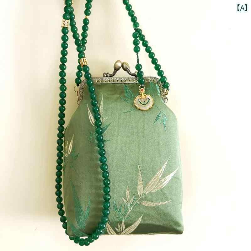 財布 長財布 レザー グリーン 竹の チャイナ風 クロス ボディ ネックレス ナショナル ロング チェーン バッグ ビーズ バック 刺繍の スマートフォン ショルダーバッグ