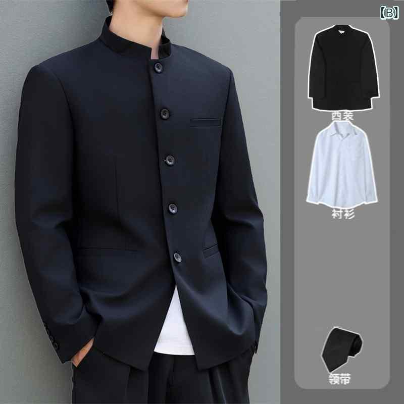 メンズ ジャケット スーツ 高級で な チャイナ風 中山 スーツ ジャケット 春秋 レジャーの 男性用 ブラック パッド入り ショルダー スタンドカラー
