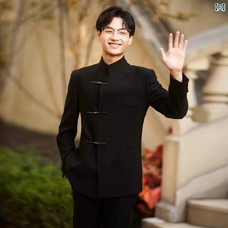 スーツ セットアップ きれいめ チャイナ風 中山 スーツ 高級 スタンドカラー メンズ 春秋 結婚式 婚約 ジャケット