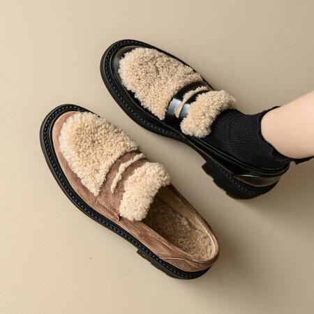 フラットシューズ レディース 革 厚底 レトロ 秋冬 暖か インサート フレンチスタイル カジュアル 普段使い 伸縮性 ブラック ブラウン