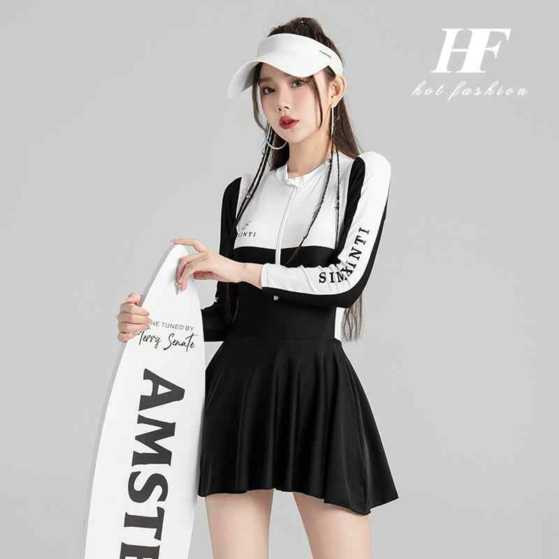 水着 レディース 長袖 ワンピース UVカット 温泉用 プール用 高級感 配色 控えめ カバー 速乾 ストレッチ 軽量