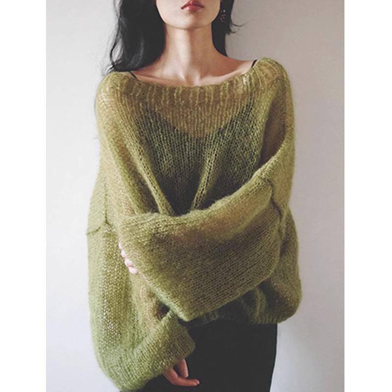 Long-Sleeved Knit - レディース ニットセーター ボートネック レース編み 高級感 モヘア素材 グリーンカラー 早秋向け 手編み トップス 軽量 伸縮性 ファッション 普段使い