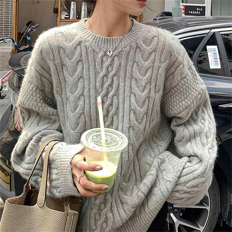 Knitting, Sweaters - レディース 秋冬 厚手 ケーブル編み プルオーバー ニットセーター ゆったり トップス 柔らか 素材 韓国風 優しい スタイル 暖か ニット
