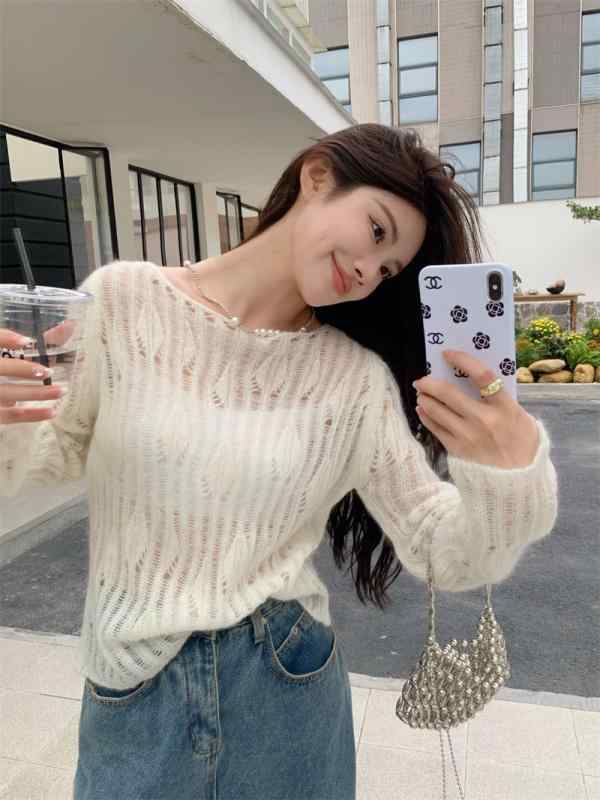 セーター レディース 春 ニット 透け 薄手 軽量 マーモット毛 羊毛 混紡 高級感 カジュアル トップス 柔らかい 暖かみ(x2)