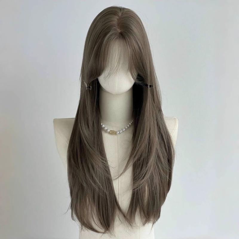 女性用 ロング ストレート ウィッグ アッシュブラウン 中分け レイヤー 韓国 フルヘッド 自然な質感 日..