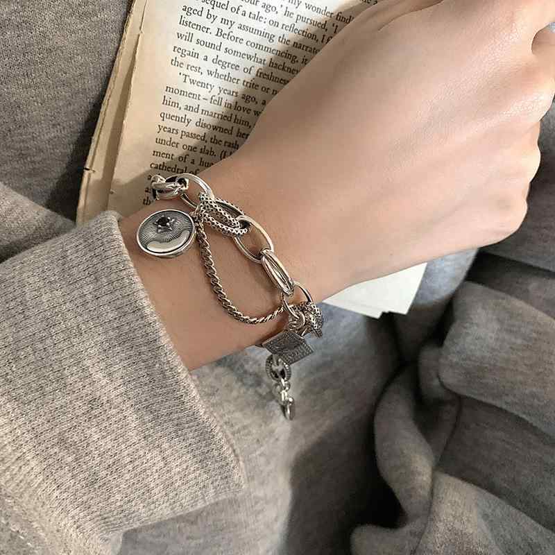 Bracelets - レディース ブレスレット 925 シルバー チェーン レトロ 円形 プレート 付き ファッション アクセサリー 普段使い 重厚感
