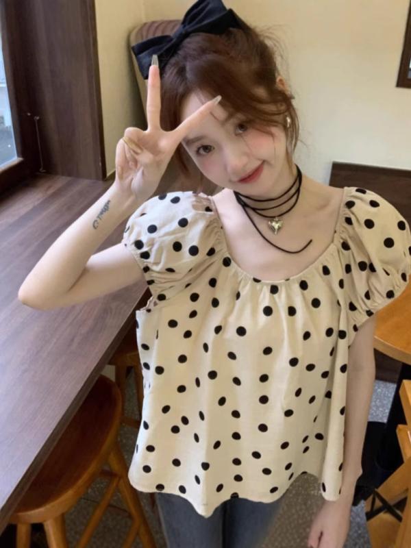 樂天商城 - シャツ 女性用 夏 短袖 ポルカドット柄 ゆったり 大きめサイズ 体型カバー かわいい トップス カジュアル 普段使い 軽量 伸縮性