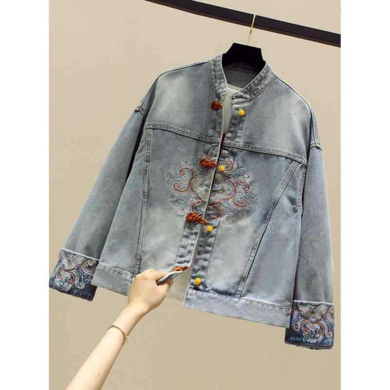 デニムジャケット レディース 中国風 刺繍 ショート丈 小柄向け 盤扣ボタン 春夏 カジュアル アウター 軽量 伸縮性