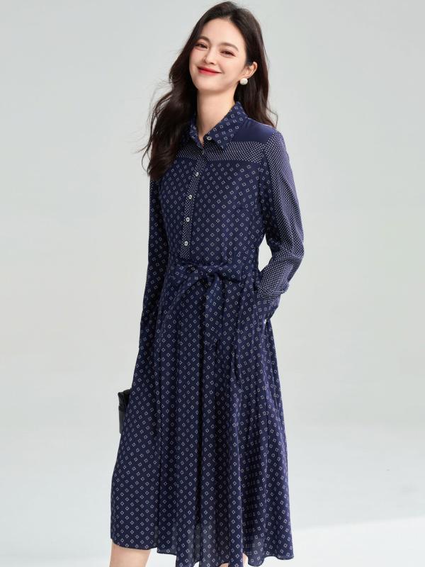 Skirt Suits - ワンピース レディース 春夏 フレンチスタイル エレガント 花柄プリント スタンドカラー 長袖 ウエストシェイプ ロング丈 プリーツスカート 軽やかなシルエット 通勤用 普段使い 綿混素材 伸縮性 女性らしいデザイン