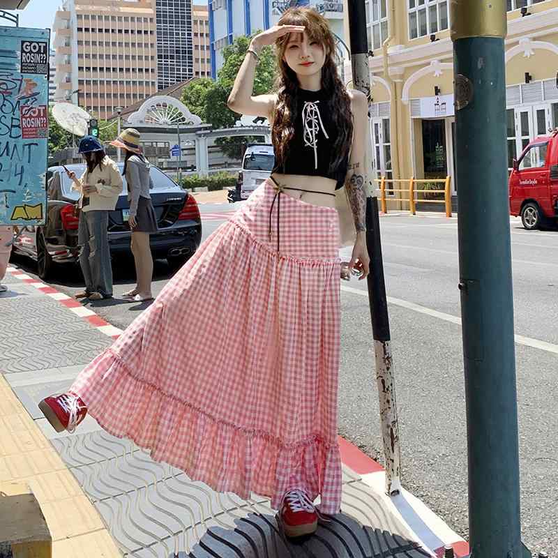 樂天商城 - スカート レディース 夏用 ピンク 格子柄 切り替え ゆったり スリム ハイウエスト Aライン 中長丈 カジュアル 普段使い 軽量 フレアシルエット