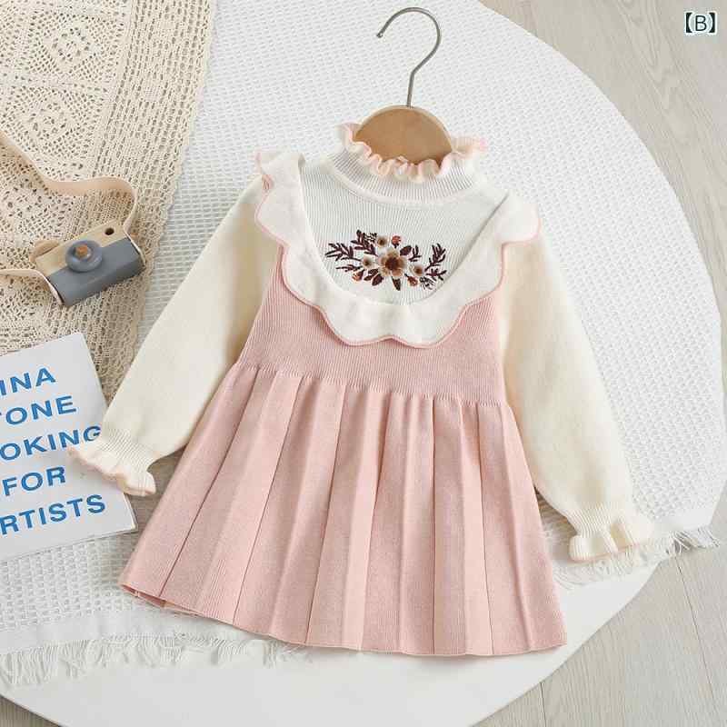 ワンピース 女の子用 ニット かわいい プリンセス 刺繍 花柄 春秋 ドレス 子供服 ...