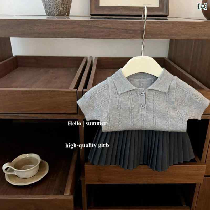 女の子 学院 短袖 ポロシャツ ニット トップス プリーツ スカート セット かわいい...
