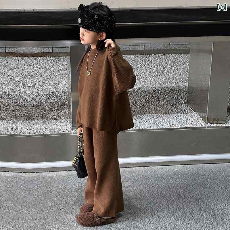 女児 秋 ニット トップス ワイドパンツ セット ストライプ 柔らかい素材 カジュア...