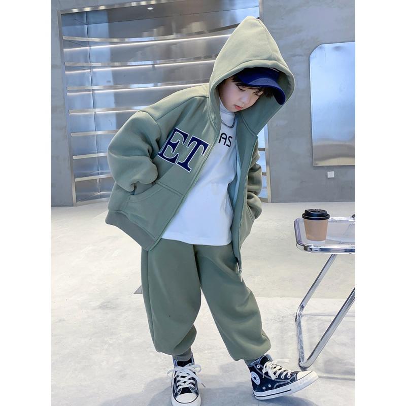 キッズ 男の子 フード付き スウェット セット 秋冬 保温 スポーツウェア スタイリッシュ コットン 混 普段使い 伸縮性 ビッグシルエット グレー ブラック