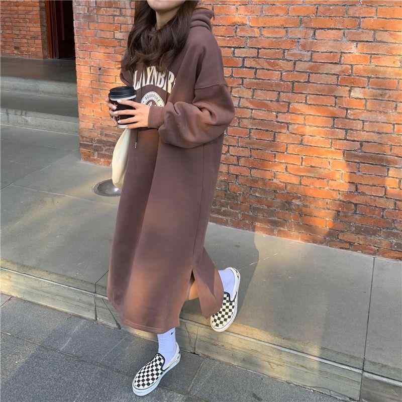 ワンピース レディース 秋冬 ゆったり フード付き ロング丈 厚手 裏起毛 韓国 大きいサイズ ルーズフィット 暖か コットン混 ストリートスタイル