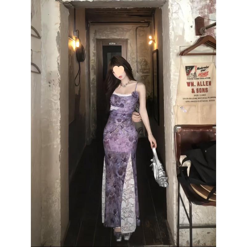 Other - 夏 レディース キャミソール ロング ワンピース 甘辛 おしゃれ スリム フィット デザイン 小花柄 レース 切り替え フェミニン ガーリー ドレス ノースリーブ 軽量 伸縮性
