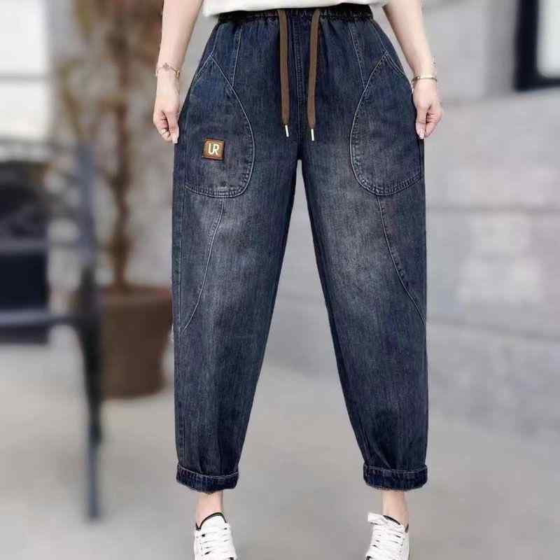 樂天商城 - レディース デニムパンツ ビッグサイズ ゆったり ワイドレッグ 水洗加工 ゴムウエスト スリム効果 フィット スタイル 春秋 普段使い 伸縮性 コットン混 ハイウエスト