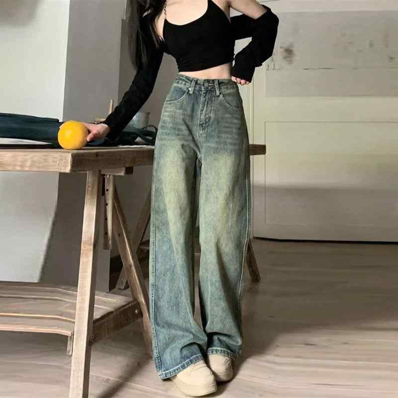 レディース デニムパンツ ビッグサイズ ワイドレッグ ハイウエスト ロング丈 フロア丈 レトロ アメカジ スリム効果 カジュアル ストレート 普段使い コーディネートしやすい コットン素材 ゆったりシルエット