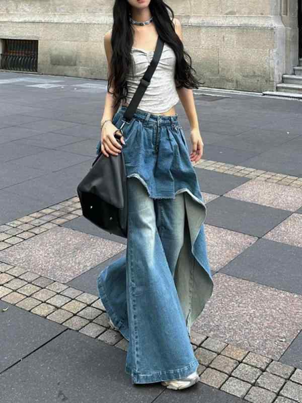Capri Pants - デニムパンツ レディース 秋冬 切り替え フレアパンツ スリム見せ フェイクツーピース 性 ストレッチ素材 カジュアル 普段使い 体型カバー ゆったりシルエット デニム生地 吸湿速乾 軽量