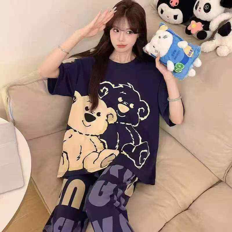 ルームウェア 女性用 夏 薄手 接触冷感 半袖 ロングパンツ セット 少女向け 部屋着 かわいい 軽量 吸湿速乾 綿混 ホームファッション