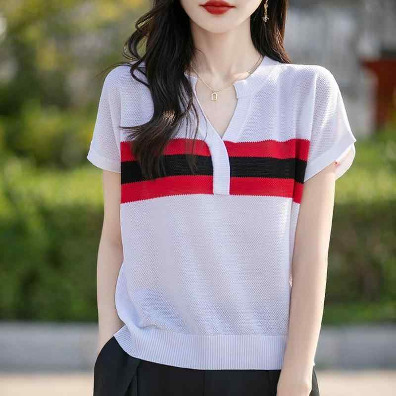 Long-Sleeved Knit - レディース 短袖 Tシャツ Vネック 配色 夏用 接触冷感 ニット インナー トップス 大きめ 吸湿速乾 軽量 伸縮性 普段使い