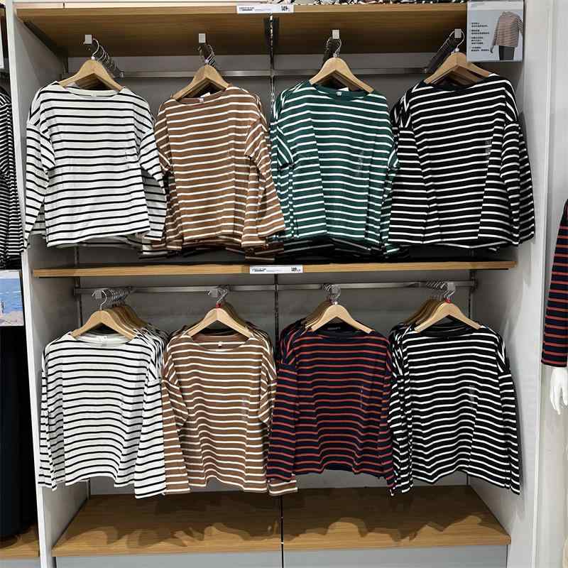 Shirts, T-Shirts - Tシャツ レディース 長袖 カットソー ボーダー 船首 ボートネック ドロップショルダー スリット ゆったり カジュアル トップス 普段使い インナー 部屋着 通勤 通学 コットン混 薄手 体型カバー 着痩せ 細見え プルオーバー シンプル 定番 秋冬