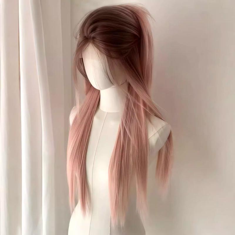 ウィッグ レディース ロング ストレート かつら フルウィッグ 自然 仿真 ピンク ブラウン グラデーション センターパート 長髪 耐熱 かるい 軽い ふんわり 医療用 普段使い コスプレ 変身 イメチェン 髪型 髪質 柔らかい サラサラ 絡まりにくい