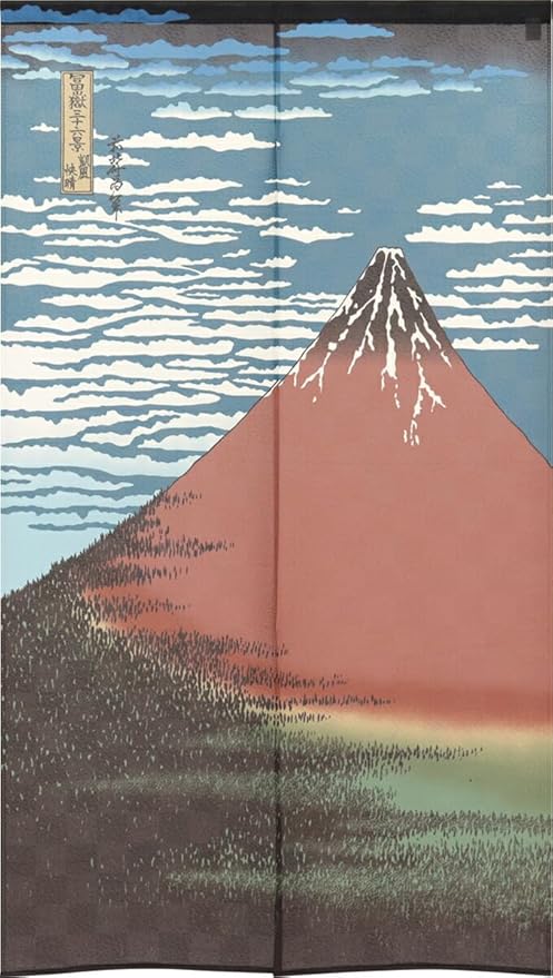 Rakuten - のれん工房 のれん 浮世絵 和風 タペストリー半間のれん 伝統 北斎 幅85×丈150cm 赤富士 レース生地 2000