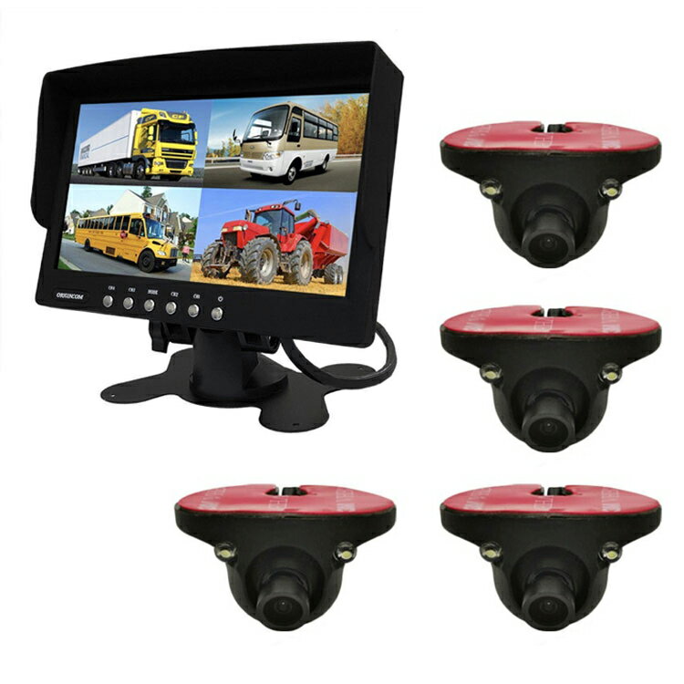 4分割表示車載7インチモニター+小型バックカメラセット 角度調節 防水仕様 ガイドライン切替 正像/鏡像切替 粘着式 カメラ4個 HOP-MN74BK1100SET4