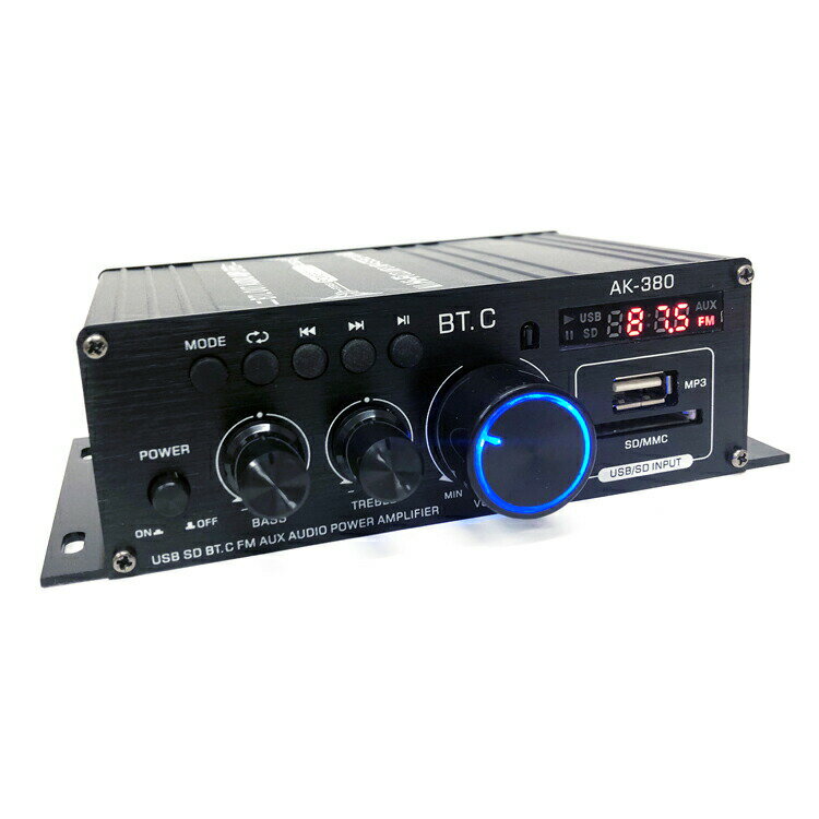 Bluetooth5.0対応 小型2chオーディオアンプ アルミボディ Hi-Fiステレオ 12V/2Aアダプター/リモコン付 多機能パワーアンプ 各種音楽プレーヤー HOP-LPAK380