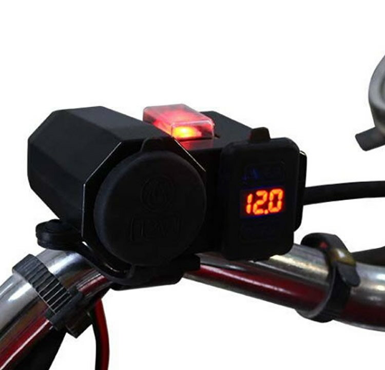 バイク用マルチ電圧計 USBポート2個 2.1A出力 シガーライター シガーコネクタ 12V-24V 防水 防塵 電源スイッチ付き HOP-BKSS66 送料無料