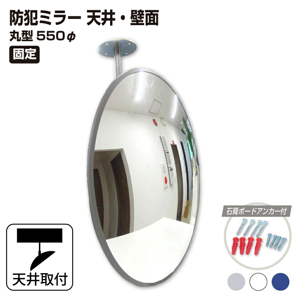 カーブミラー 室内 防犯ミラー 丸型 550φ 固定アーム 固定タイプ 防犯 屋内 店舗 工場 倉庫 万引き イタズラ 防止 防犯グッズ 盗難防止 業務用 アクリル製 /グレー/白/青/ 日本製 yh048