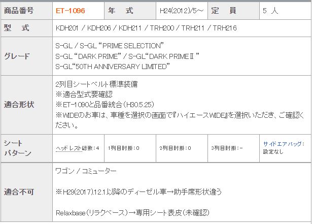 ハイエース バン シートカバー KDH201 KDH206 KDH211 TRH200 TRH211 TRH216 クラッツィオ ET-1096 New ECT クラッツィオ シート 内装