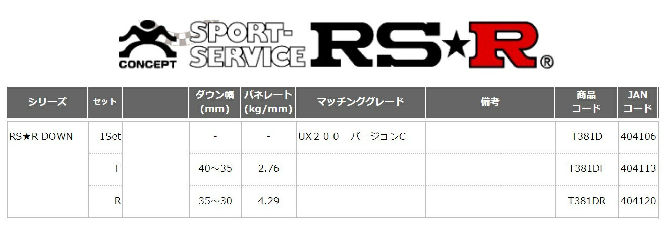 RS-R レクサス UX200 UX200 バージョンC MZAA10 ダウンサス スプリング 1台分 T381D RSR ダウン RSR 条件付き送料無料