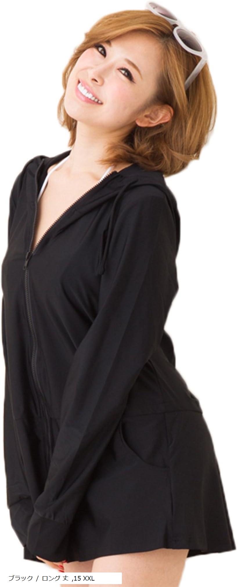 レディース ラッシュガード ファスナー ポケット付き 長袖 指穴付き インナーショーツ セット ブラック/ロング 丈 15 XXL (ブラック / ロング 丈, 15 XXL)
