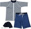男の子 水着 UPF50+ ボーダー柄 ラッシュガード 帽子 デニム柄 パンツ 80~120cm 3点セット 100cm (100..