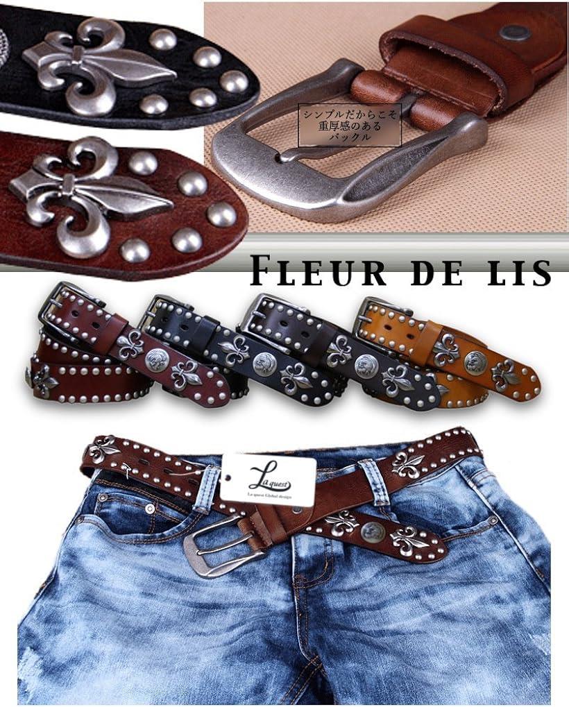 ラクエスト メンズ 革 スタッズ ベルト レザー アンティーク スカル コンチョ ユリ 紋章 レリーフ(ダークブラウン)