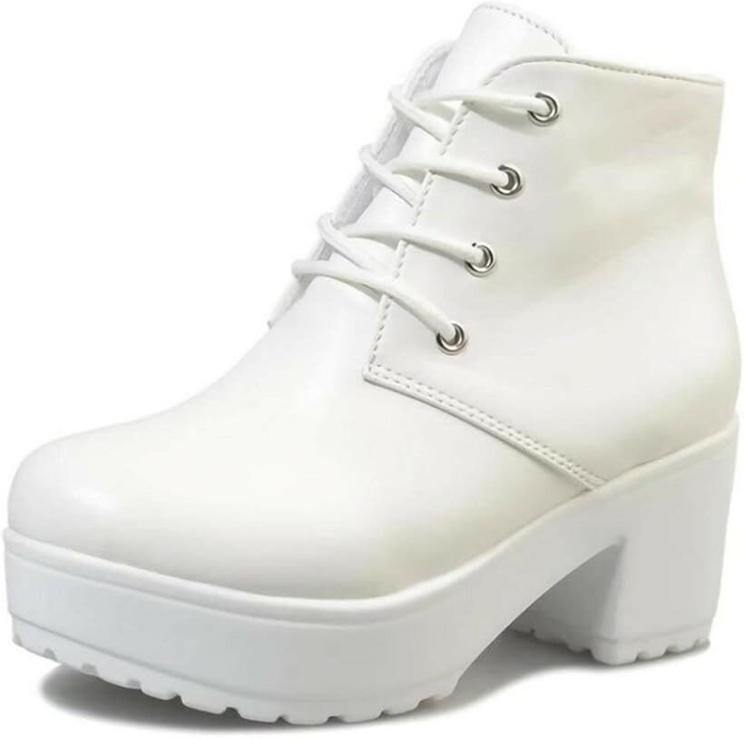 Thick Sole - 厚底 ショートブーツ ブーティ レディース 編み上げ レースアップ (ホワイト, 22.5～23.0 cm)